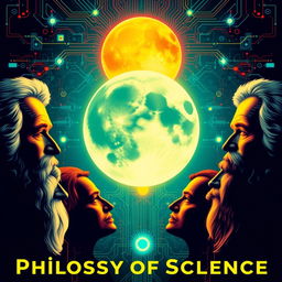 book cover for philosophy of science featuring faces of famous philosophers and a silhouette of the moon wrapped in technological elements using bright, vivid colors