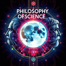 book cover for philosophy of science featuring faces of famous philosophers and a silhouette of the moon wrapped in technological elements using bright, vivid colors