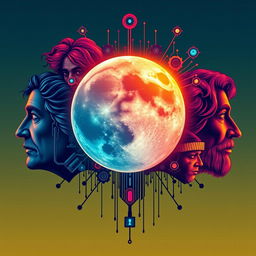 book cover for philosophy of science featuring faces of famous philosophers and a silhouette of the moon wrapped in technological elements using bright, vivid colors