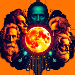 book cover for philosophy of science featuring faces of famous philosophers and a silhouette of the moon wrapped in technological elements using bright, vivid colors