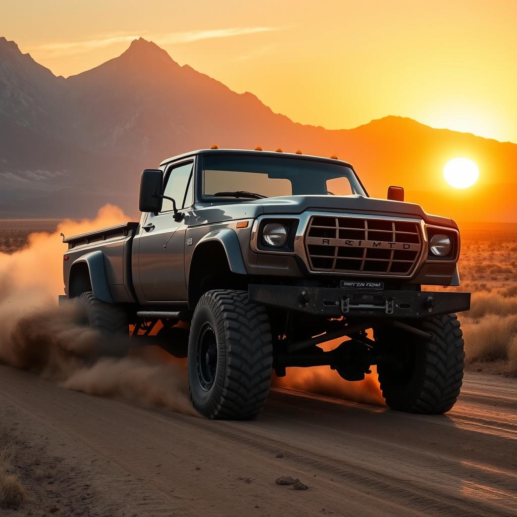 A rugged, powerful truck conquering a dirt road in the middle of a vast, open countryside