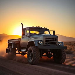 A rugged, powerful truck conquering a dirt road in the middle of a vast, open countryside