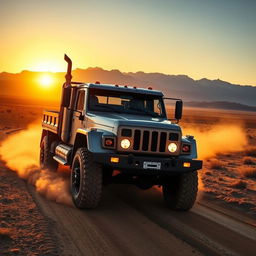 A rugged, powerful truck conquering a dirt road in the middle of a vast, open countryside