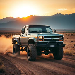 A rugged, powerful truck conquering a dirt road in the middle of a vast, open countryside