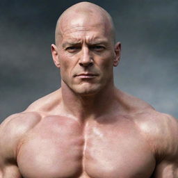 Visualize a powerful British superhero, characterized by a strikingly bald head and chiseled muscles. His skin tone is caucasian, and his stances carry a distinct aura of British dignity and valor.