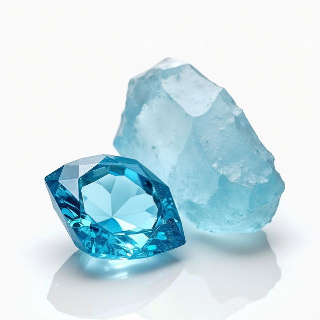 Blue Topaz crystals in both polished and raw forms displayed elegantly on a pristine white backdrop