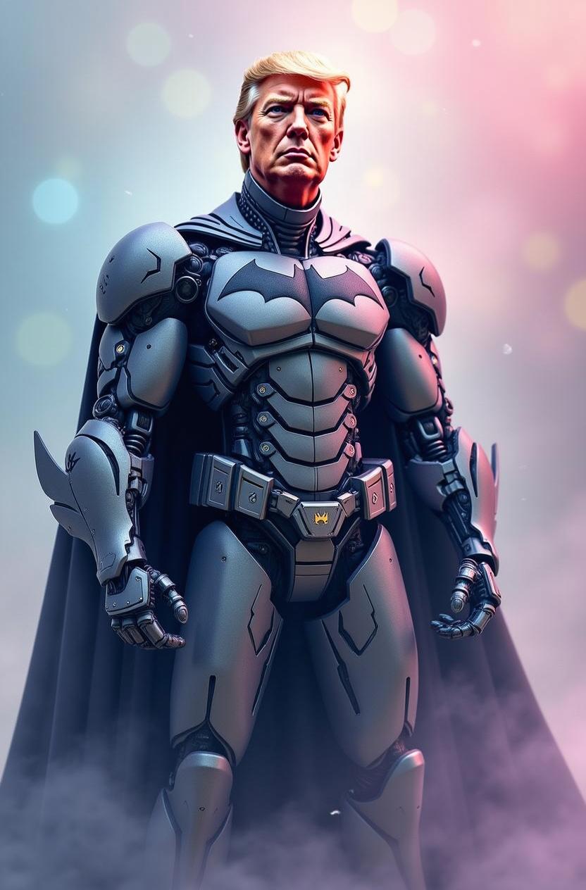 A futuristic interpretation of Batman as a robot, standing heroically against a pastel background