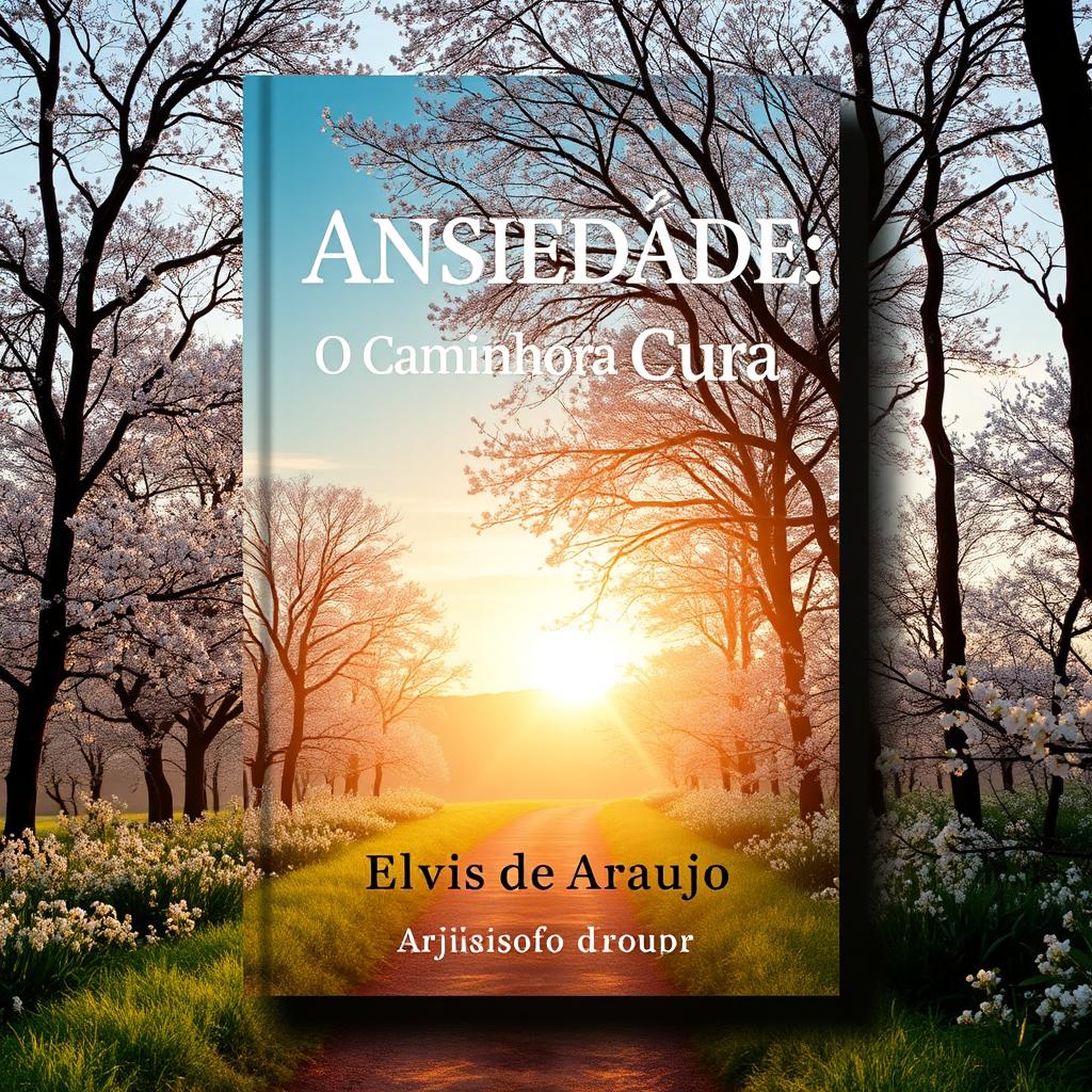 Book cover for "Ansiedade: O Caminho para a Cura" by Elvis de Araujo, featuring a serene landscape at sunrise, symbolizing hope and healing