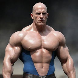 Visualize a powerful British superhero, characterized by a strikingly bald head and chiseled muscles. His skin tone is caucasian, and his stances carry a distinct aura of British dignity and valor.