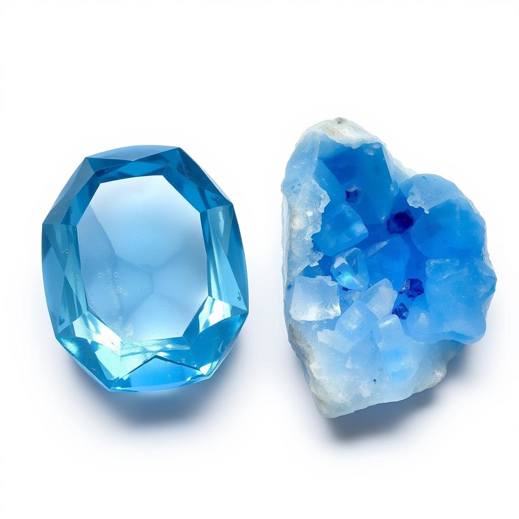 Blue Topaz crystals in both polished and raw forms displayed on a clean white backdrop