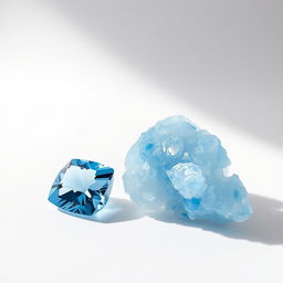 Blue Topaz crystals in both polished and raw forms displayed on a clean white backdrop