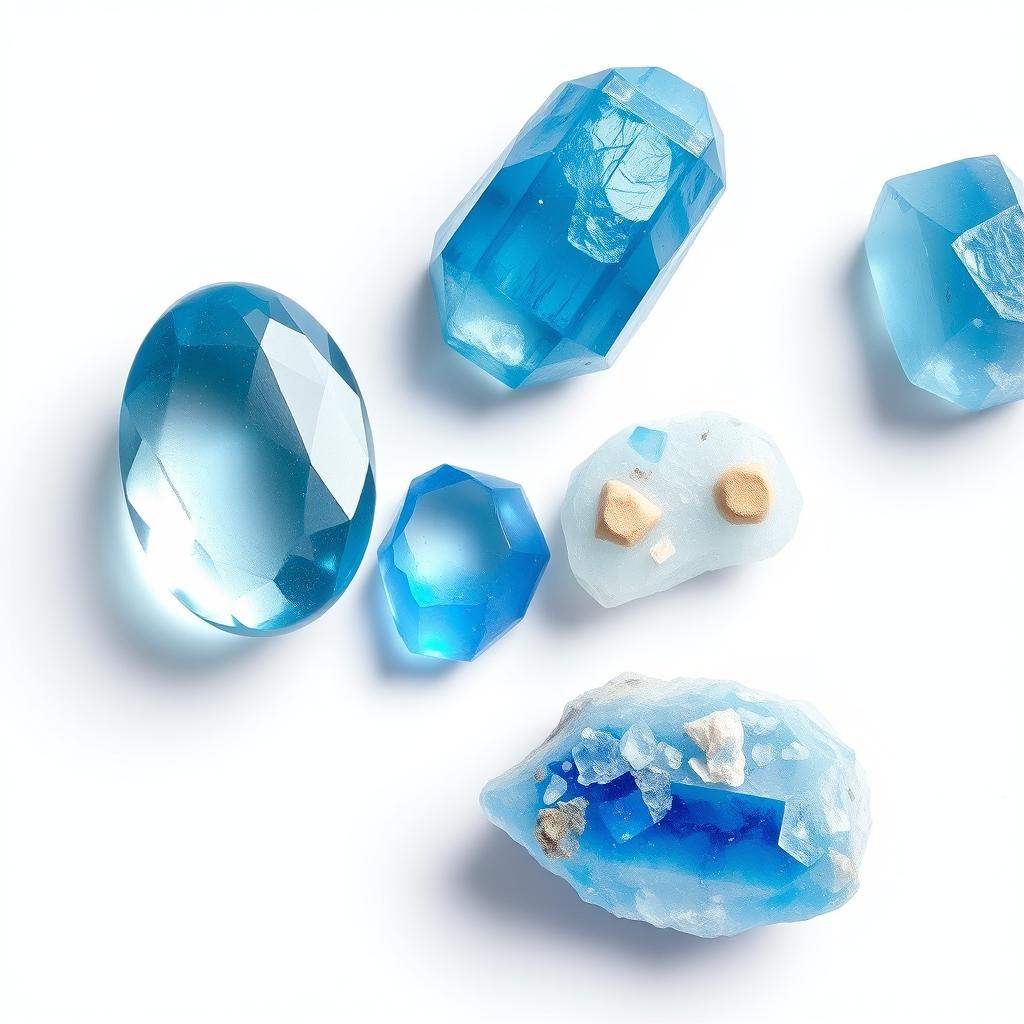 Blue Topaz crystals in both polished and raw forms displayed on a clean white backdrop