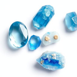 Blue Topaz crystals in both polished and raw forms displayed on a clean white backdrop