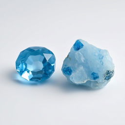 Blue Topaz crystals in both polished and raw forms displayed on a clean white backdrop