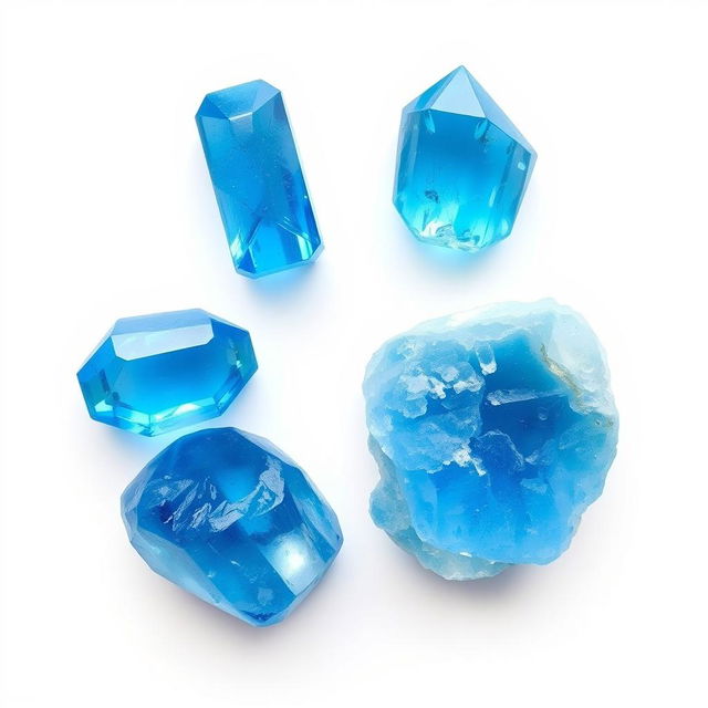 Blue Topaz crystals in both polished and raw forms displayed gracefully on a bright white backdrop