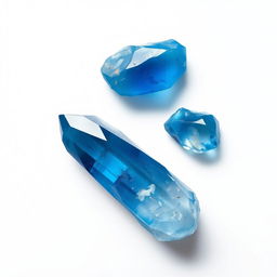 Blue Topaz crystals in both polished and raw forms displayed gracefully on a bright white backdrop