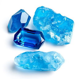 Blue Topaz crystals in both polished and raw forms displayed gracefully on a bright white backdrop