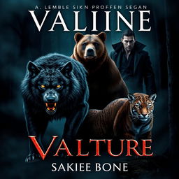 An intense and captivating book cover featuring a fierce werewolf, a powerful bear, a stealthy cougar, and a mysterious vampire in a dark, misty forest