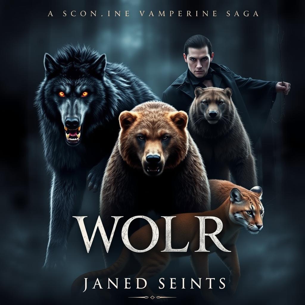 An intense and captivating book cover featuring a fierce werewolf, a powerful bear, a stealthy cougar, and a mysterious vampire in a dark, misty forest