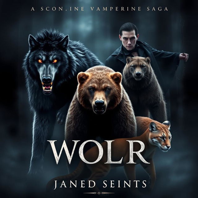 An intense and captivating book cover featuring a fierce werewolf, a powerful bear, a stealthy cougar, and a mysterious vampire in a dark, misty forest