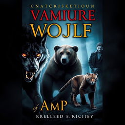 An intense and captivating book cover featuring a fierce werewolf, a powerful bear, a stealthy cougar, and a mysterious vampire in a dark, misty forest