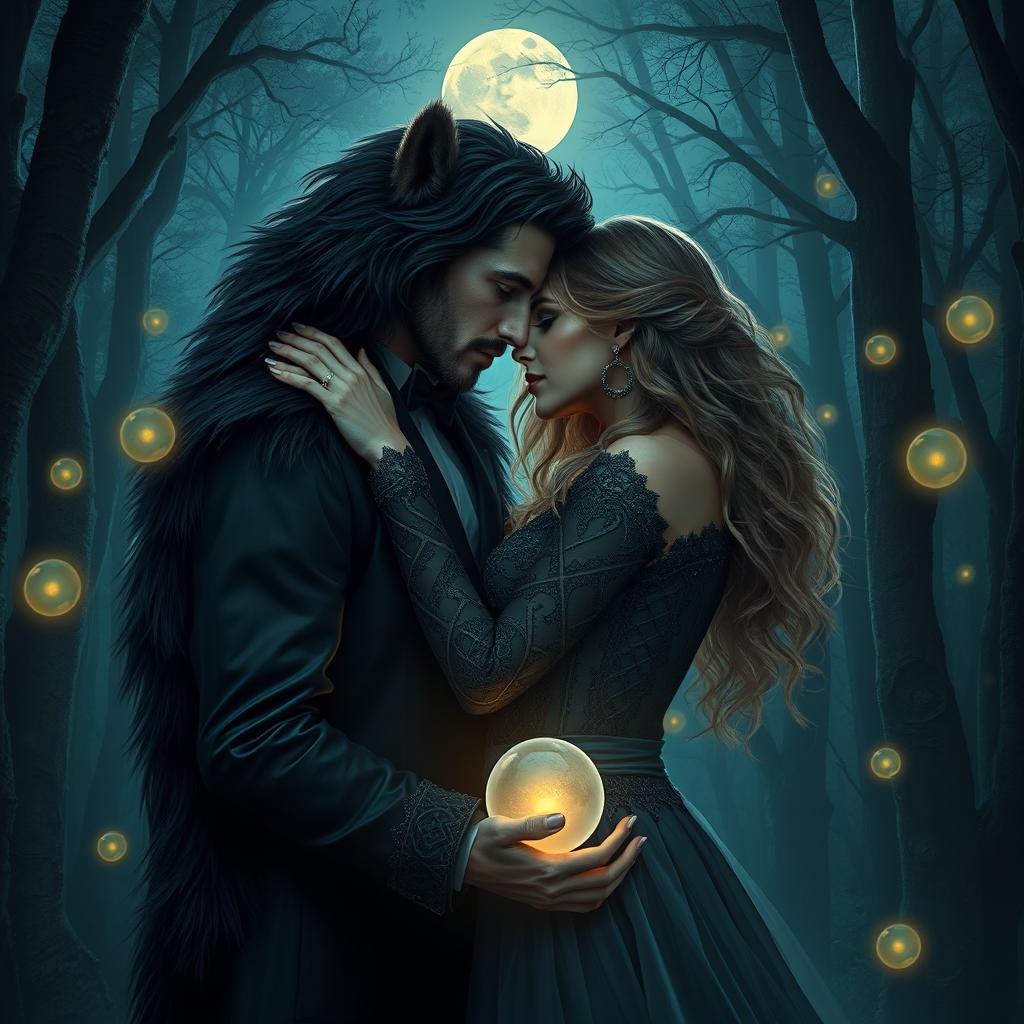 A captivating scene depicting a romantic encounter in a mystical forest under the moonlight, featuring a charming man with subtle werewolf features embraced passionately with a fierce woman exuding bear-like strength