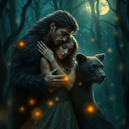 A captivating scene depicting a romantic encounter in a mystical forest under the moonlight, featuring a charming man with subtle werewolf features embraced passionately with a fierce woman exuding bear-like strength