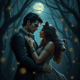 A captivating scene depicting a romantic encounter in a mystical forest under the moonlight, featuring a charming man with subtle werewolf features embraced passionately with a fierce woman exuding bear-like strength