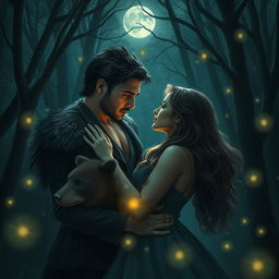 A captivating scene depicting a romantic encounter in a mystical forest under the moonlight, featuring a charming man with subtle werewolf features embraced passionately with a fierce woman exuding bear-like strength