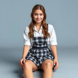 A young adult woman wearing a classic school girl outfit, complete with a plaid skirt and a white blouse