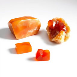 Carnelian crystals in both polished and raw forms displayed gracefully on a bright white backdrop