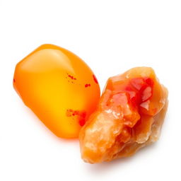 Carnelian crystals in both polished and raw forms displayed gracefully on a bright white backdrop