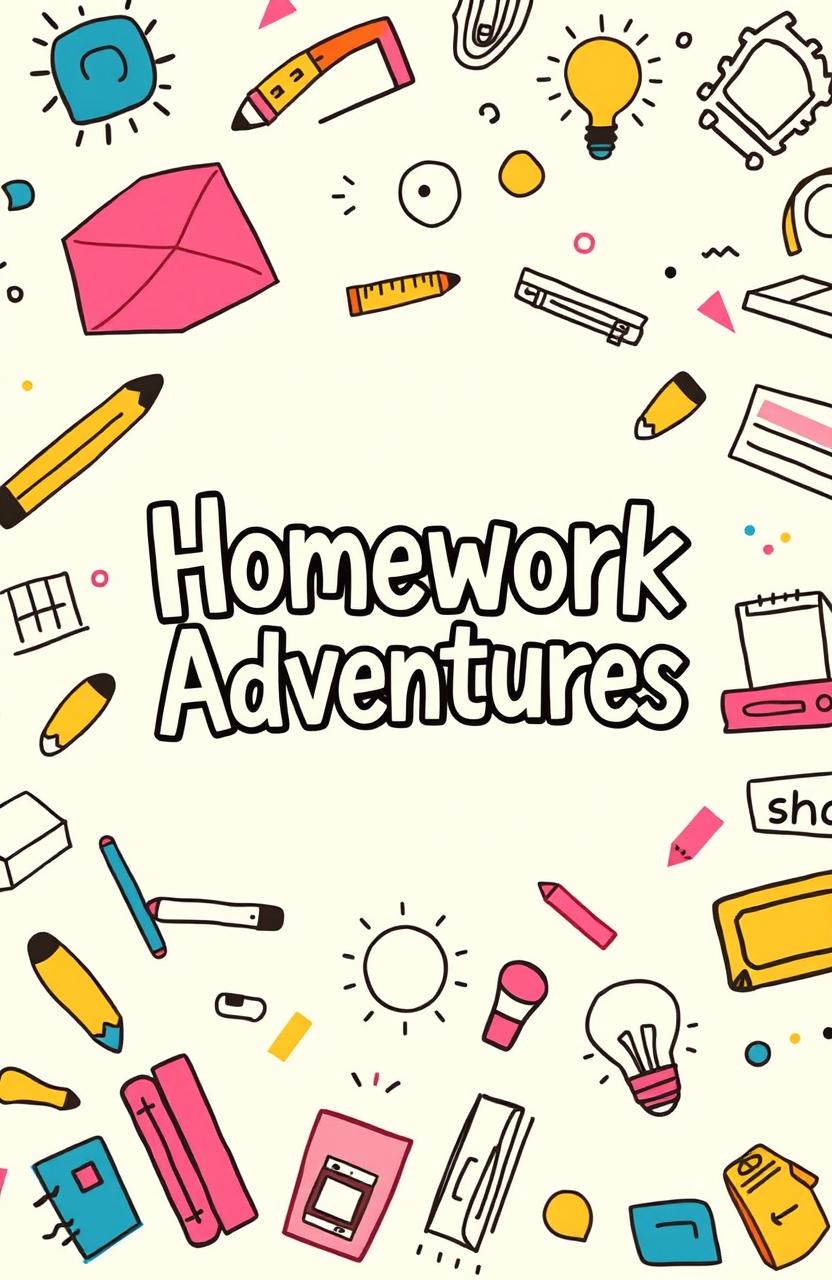 A whimsical and engaging cover design for a homework book, featuring a playful combination of geometric patterns and colorful doodles