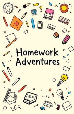 A whimsical and engaging cover design for a homework book, featuring a playful combination of geometric patterns and colorful doodles