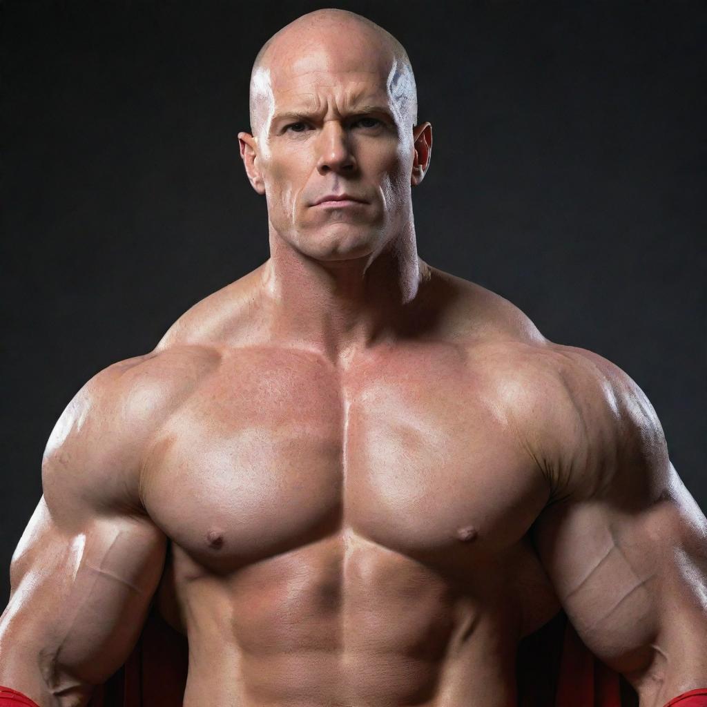 Visualize an imposing American superhero, boasting a flawless bald head and rippling muscles. He is Caucasian and carries himself with the trademark confidence of a classic American hero.