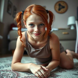 An attractive red-haired Caucasian woman with adorable pig tails is on her knees in a playful manner