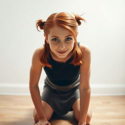 An attractive red-haired Caucasian woman with adorable pig tails is on her knees in a playful manner