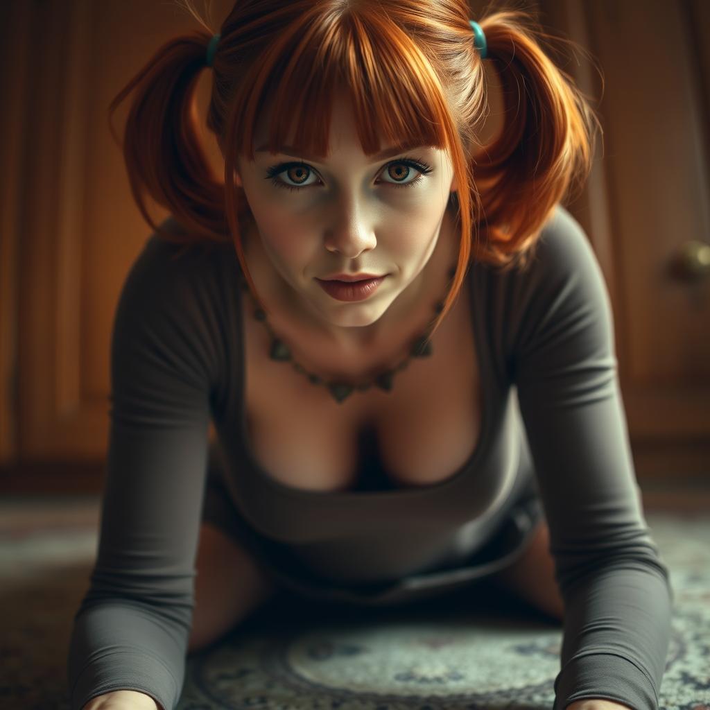 An attractive red-haired Caucasian woman with adorable pig tails is on her knees in a playful manner