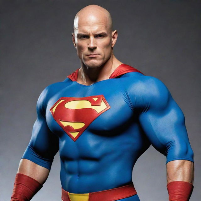 Visualize an imposing American superhero, boasting a flawless bald head and rippling muscles. He is Caucasian and carries himself with the trademark confidence of a classic American hero.