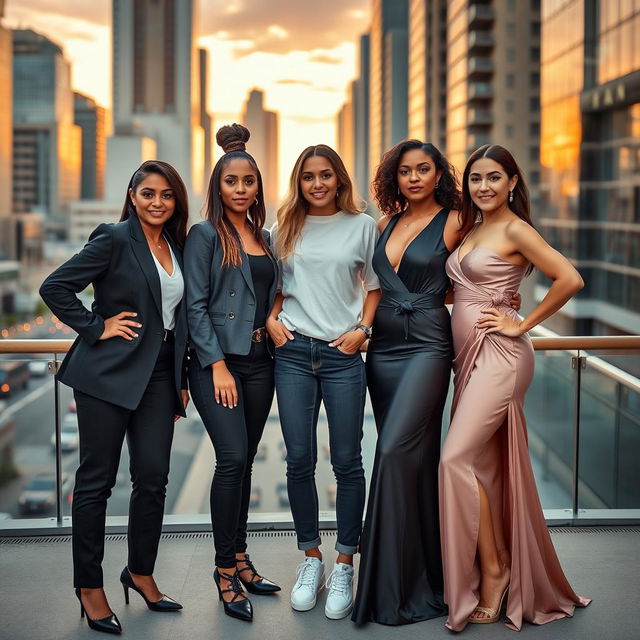 Three confident women posing together, each displaying unique fashion styles - one in a chic business suit, another in casual streetwear, and the third in an elegant evening gown