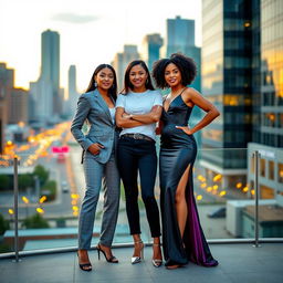 Three confident women posing together, each displaying unique fashion styles - one in a chic business suit, another in casual streetwear, and the third in an elegant evening gown