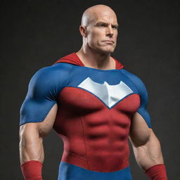 Visualize an imposing American superhero, boasting a flawless bald head and rippling muscles. He is Caucasian and carries himself with the trademark confidence of a classic American hero.