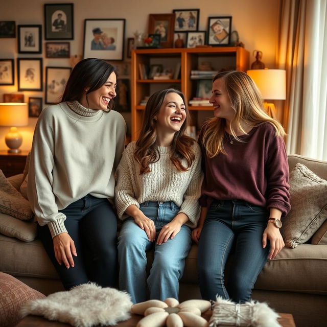 Three female cousins laughing and enjoying each other's company, each styled in semi-casual attire that reflects their individual personalities