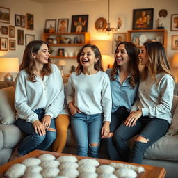 Three female cousins laughing and enjoying each other's company, each styled in semi-casual attire that reflects their individual personalities