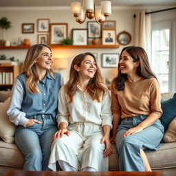 Three female cousins laughing and enjoying each other's company, each styled in semi-casual attire that reflects their individual personalities