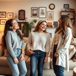 Three female cousins laughing and enjoying each other's company, each styled in semi-casual attire that reflects their individual personalities