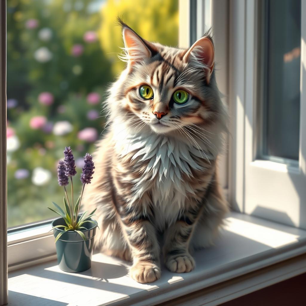 A realistic and charming depiction of a fluffy domestic cat with striking emerald green eyes, its fur a soft patchwork of grey and white