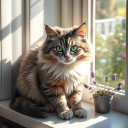 A realistic and charming depiction of a fluffy domestic cat with striking emerald green eyes, its fur a soft patchwork of grey and white