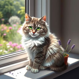 A realistic and charming depiction of a fluffy domestic cat with striking emerald green eyes, its fur a soft patchwork of grey and white