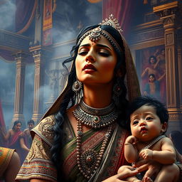 A dramatic scene from the Mahabharata, where Princess Ambika closes her eyes in fear